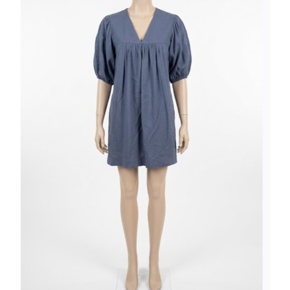 Mirth Belem Dress Medium Blue puff sleeves cotton linen blend